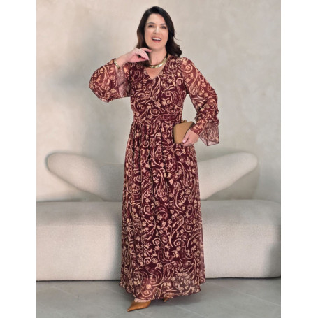 VESTIDO LONGO TULE COM BABADO NA MANGA 