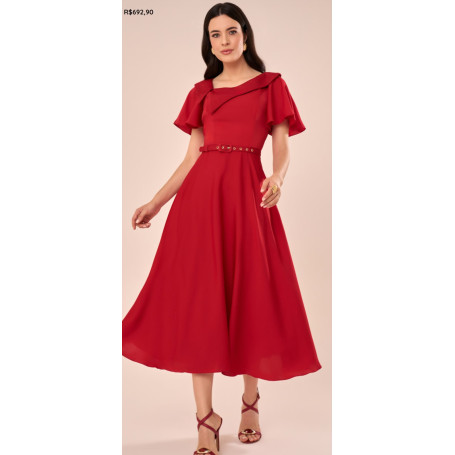 VESTIDO MIDI EVASE COM GOLA